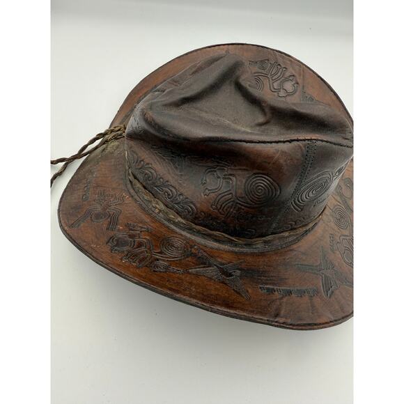 Vintage Leather Cowboy Hat - Hand Tooled Peru Souvenir - Nazca Lines Design - Picture 5 of 9